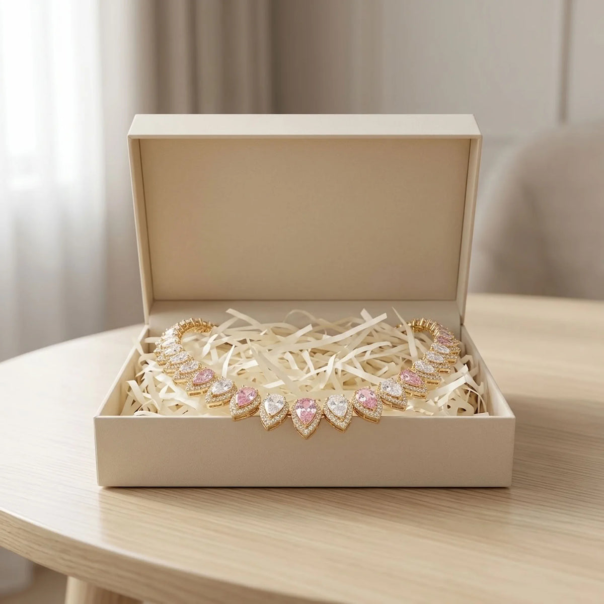 18k gold plated choker with alternating blush pink and white teardrop cubic zirconia displayed in a box in Dubai.