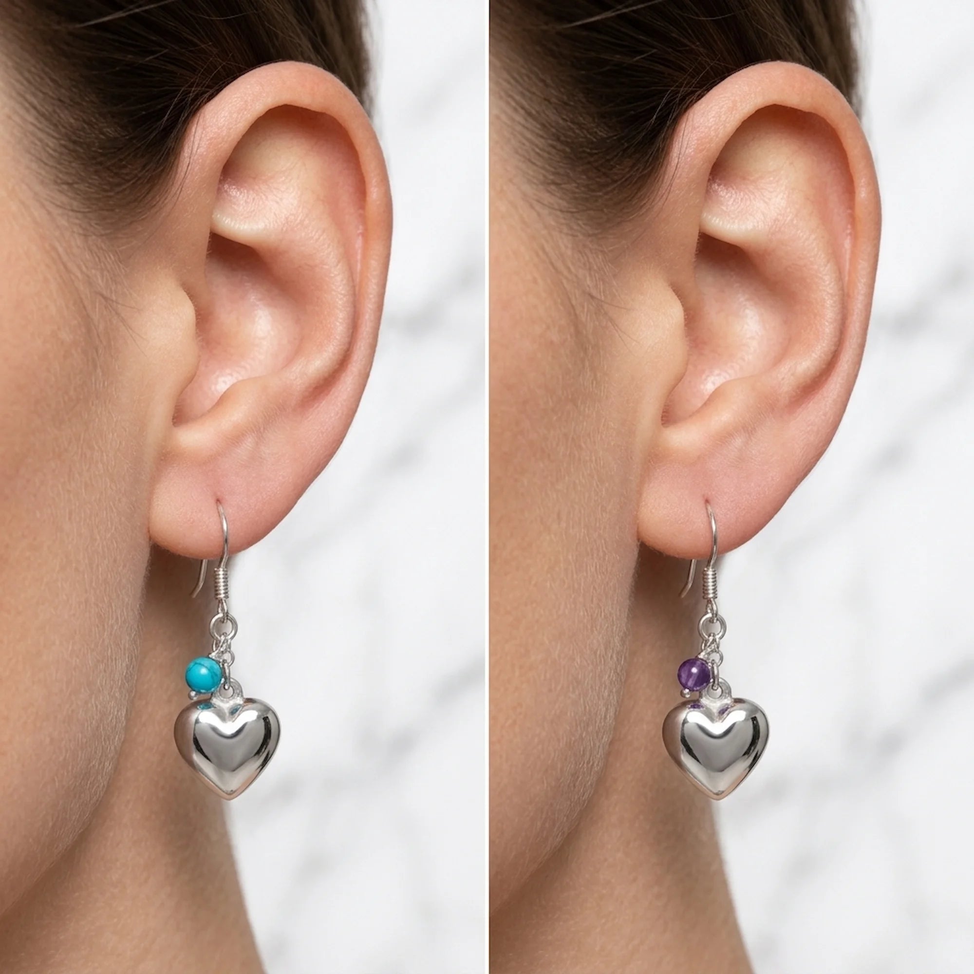 Silver puffed heart bead earrings shown close on the ear in blue and purple variants — 925 sterling silver dangle