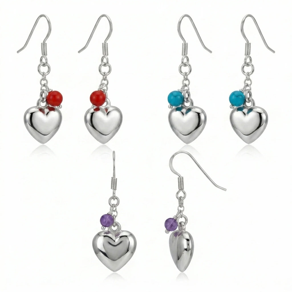 Sterling silver puffed heart dangle earrings in red, blue and purple bead variants on white background — shepherd-hook drop