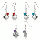 Sterling silver puffed heart dangle earrings in red, blue and purple bead variants on white background — shepherd-hook drop