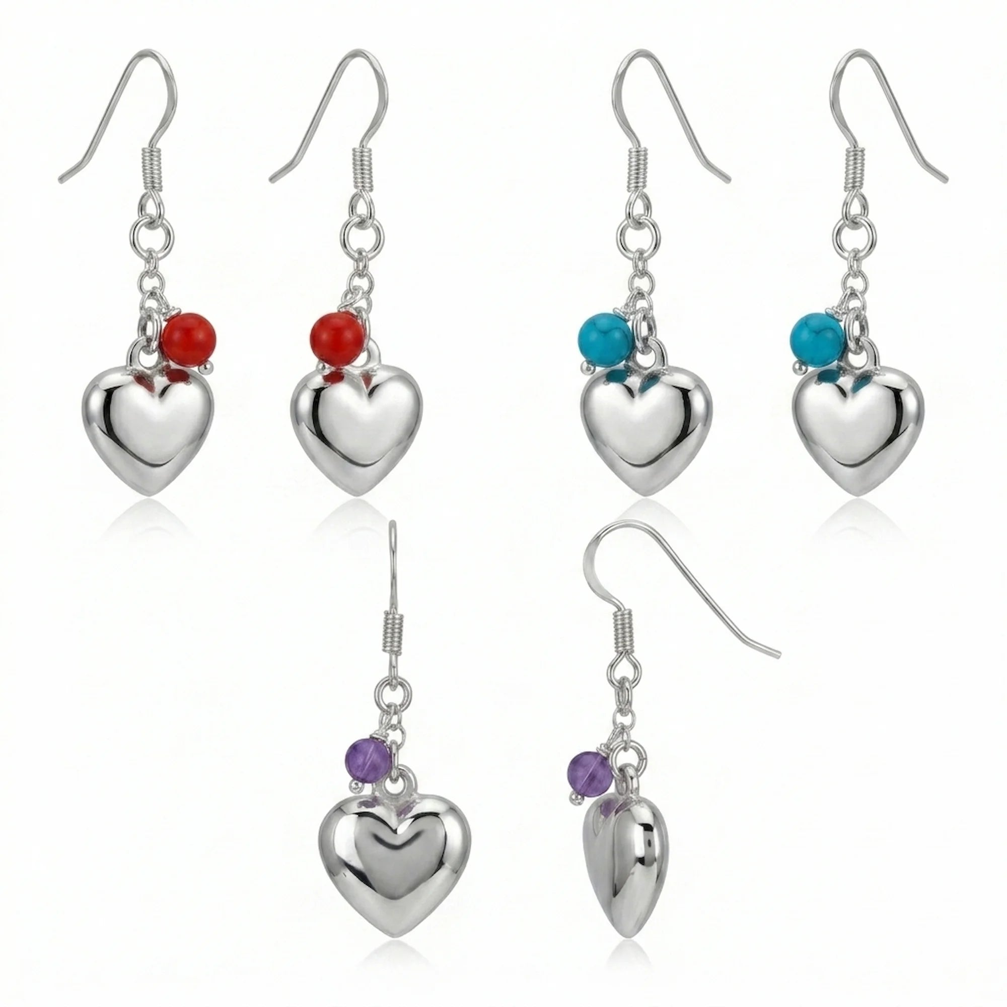 Sterling silver puffed heart dangle earrings in red, blue and purple bead variants on white background — shepherd-hook drop
