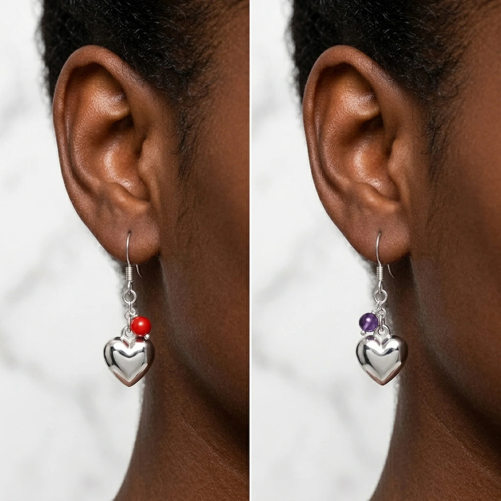 Silver puffed heart bead earrings shown close on the ear in red and purple variants — 925 sterling silver dangle