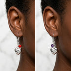 Silver puffed heart bead earrings shown close on the ear in red and purple variants — 925 sterling silver dangle