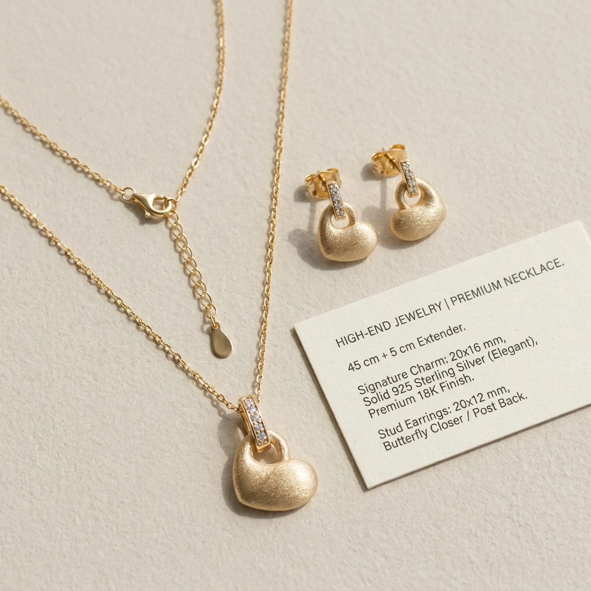 Puffed heart pendant and earring set with specifications card — 925 silver, 18K finish, dimensions and post-back