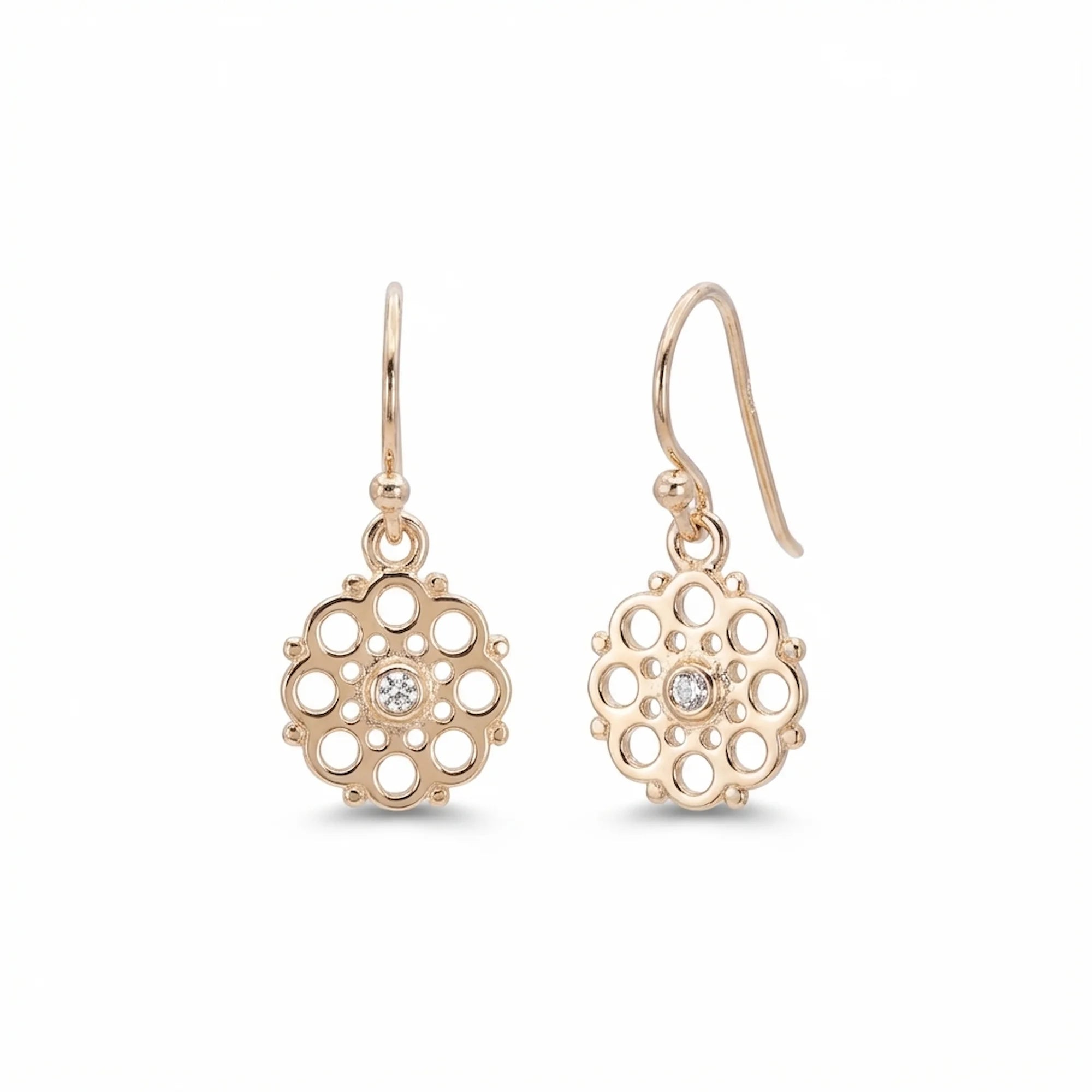 Gold vermeil radial disc drop earrings with concentric apertures and cubic zirconia in Dubai.