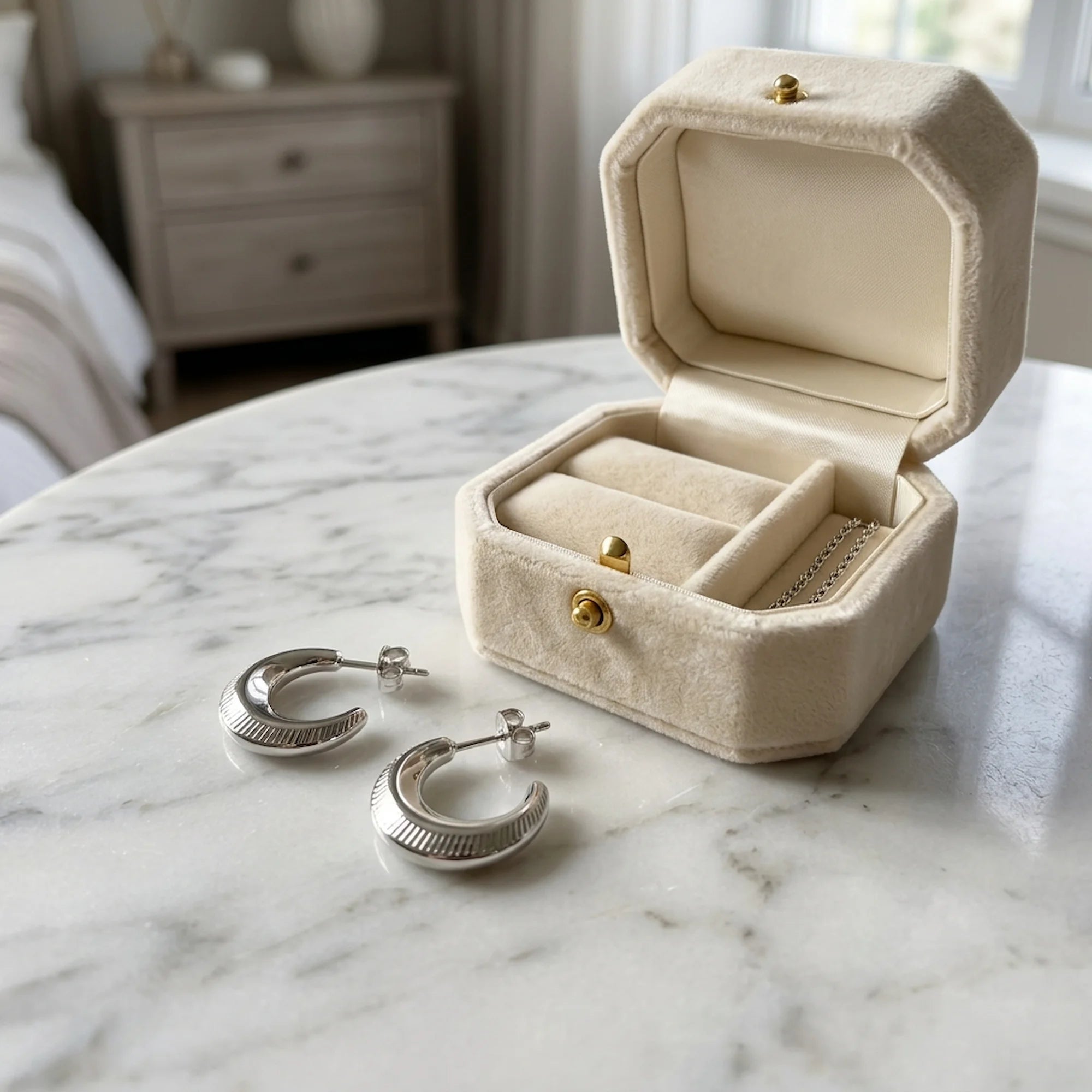Pair of 925 sterling silver ribbed crescent moon hoop earrings beside a velvet jewelry box in Dubai.