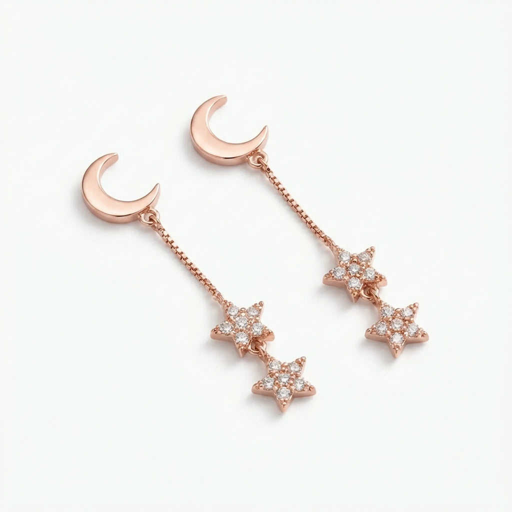 Rose gold moon and star drop earrings, pave cubic zirconia stars on chain, rose-gold-plated 925 silver, Dubai