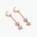 Rose gold moon and star drop earrings, pave cubic zirconia stars on chain, rose-gold-plated 925 silver, Dubai