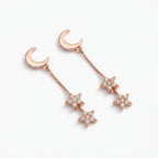 Rose gold moon and star drop earrings, pave cubic zirconia stars on chain, rose-gold-plated 925 silver, Dubai