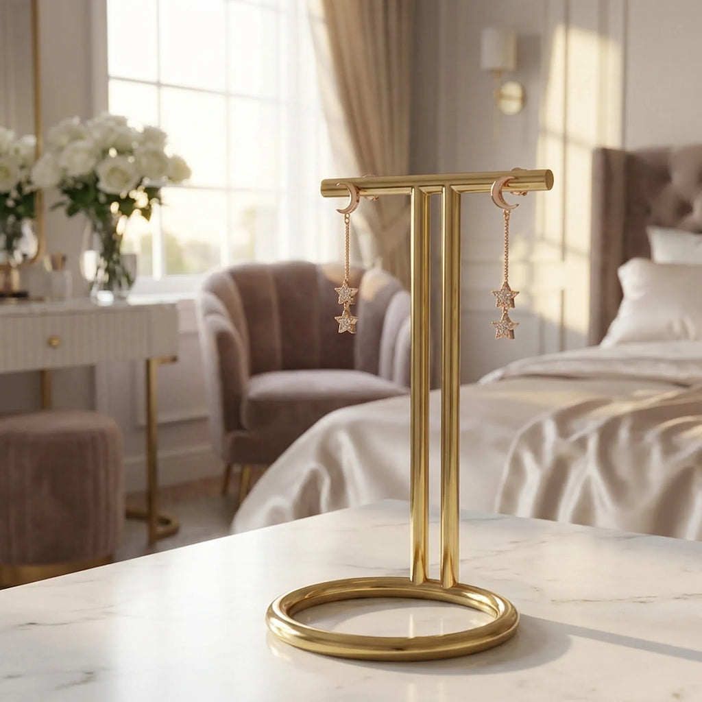 Rose gold moon and star CZ drop earrings on a stand in a soft bedroom, Millennium Plaza Downtown Hotel, Dubai.
