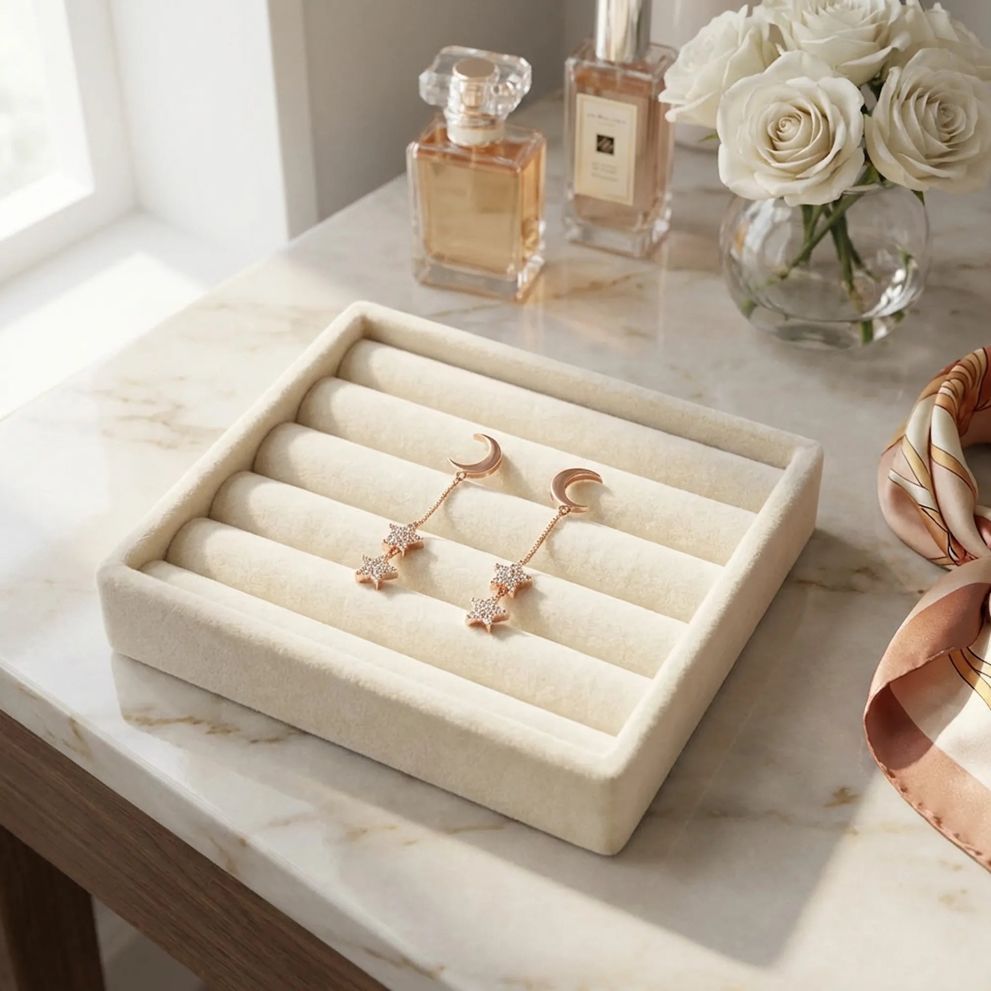 Rose gold moon and star drop earrings on a velvet tray with roses and perfume, gift-ready, Luna Dura Dubai