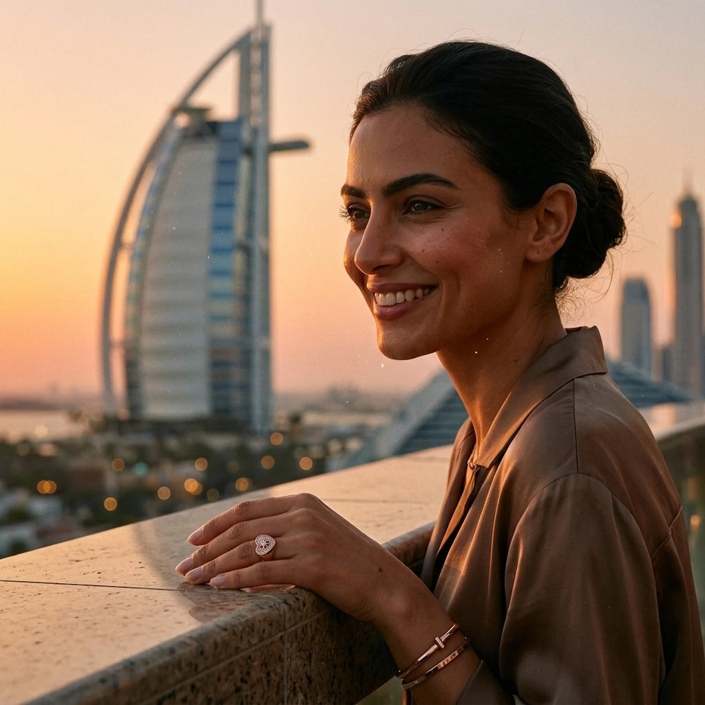 Woman wearing rose gold pavé heart ring with cubic zirconia in Dubai with Burj Al Arab view.