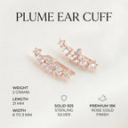 Technical infographic for the rose gold plume ear climbers highlighting the 21mm length, 2g weight, 925 silver core, and CZ stones.