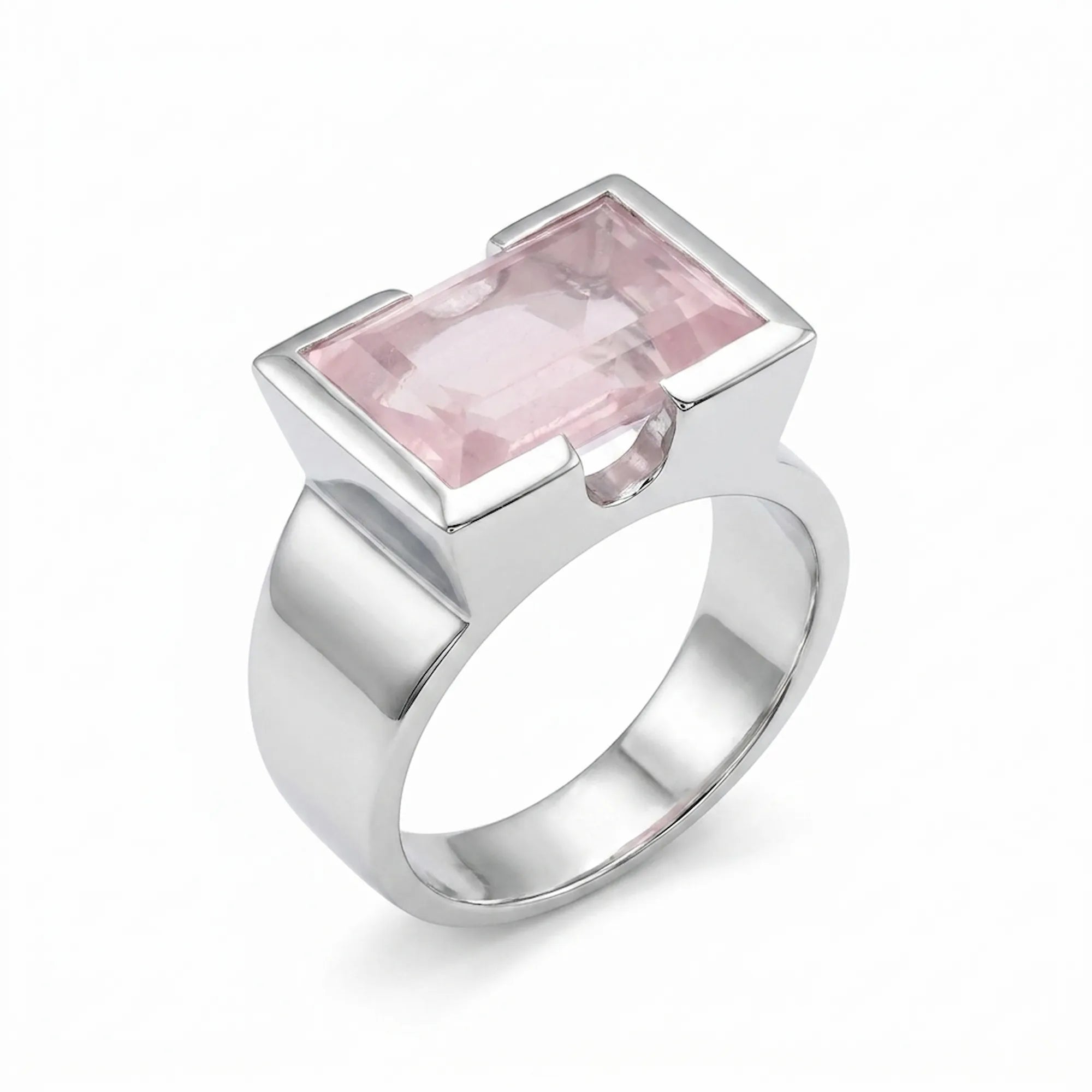 Natural rose quartz emerald cut ring in 925 sterling silver, front-on view, white background, Luna Dura