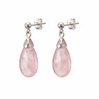 Natural rose quartz teardrop drop earrings in 925 sterling silver — pale blush cabochon stone, silver bail and ball post back on white background