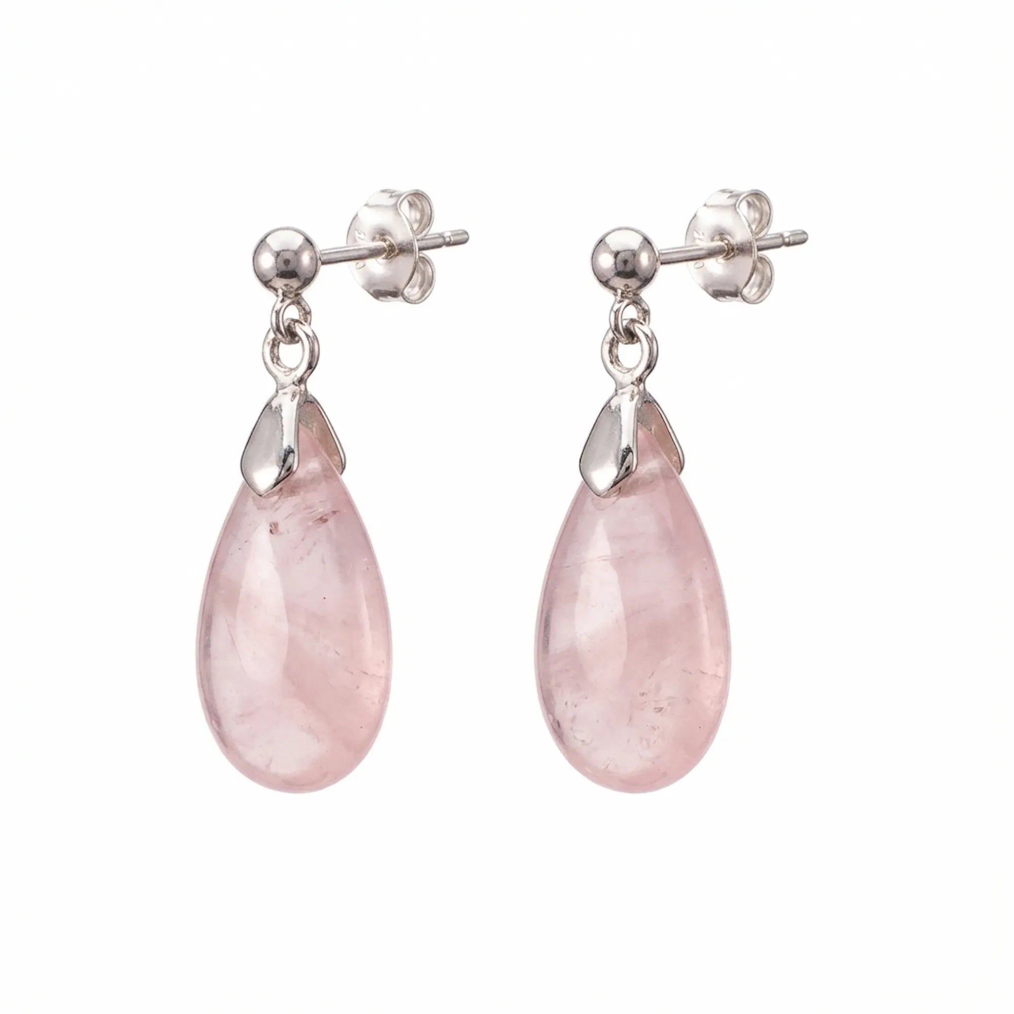 Natural rose quartz teardrop drop earrings in 925 sterling silver — pale blush cabochon stone, silver bail and ball post back on white background
