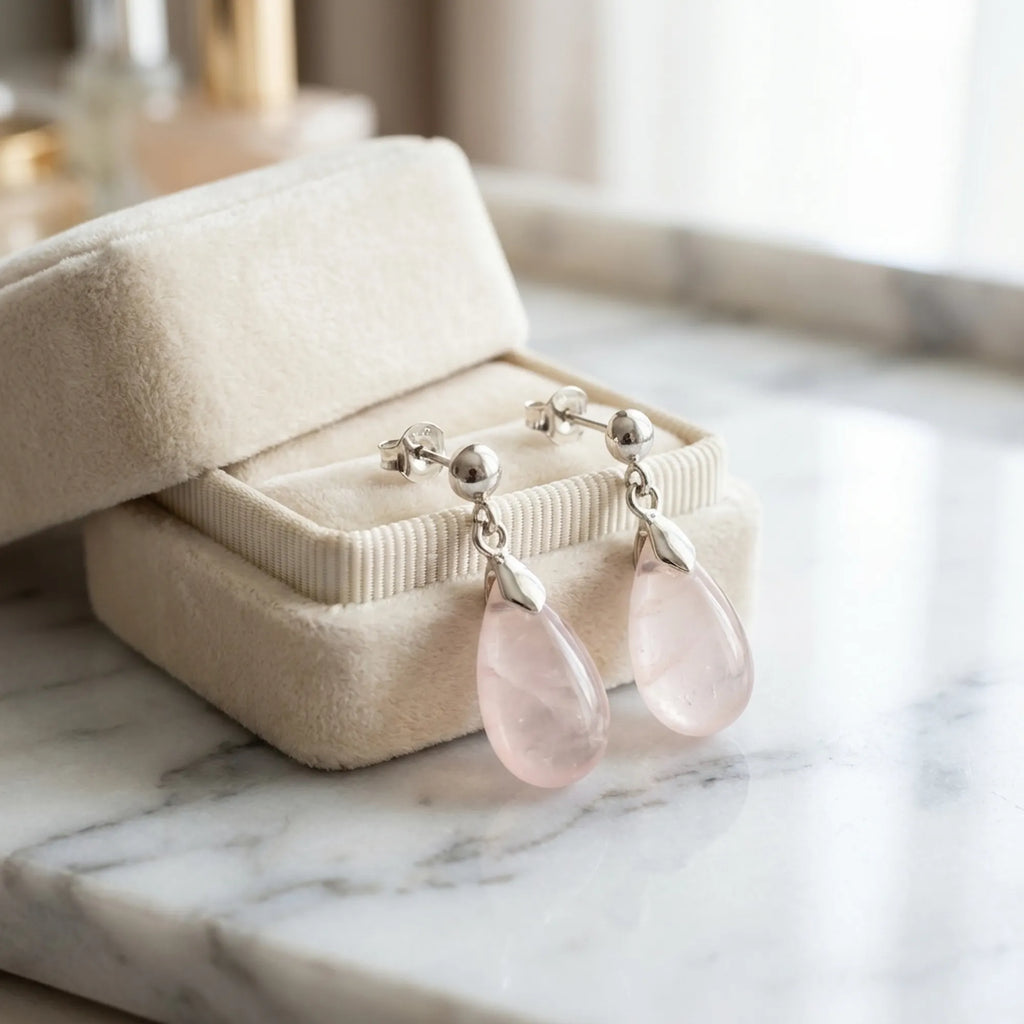 Natural rose quartz teardrop earrings in cream velvet jewelry box on marble — meaningful gemstone gift Dubai UAE