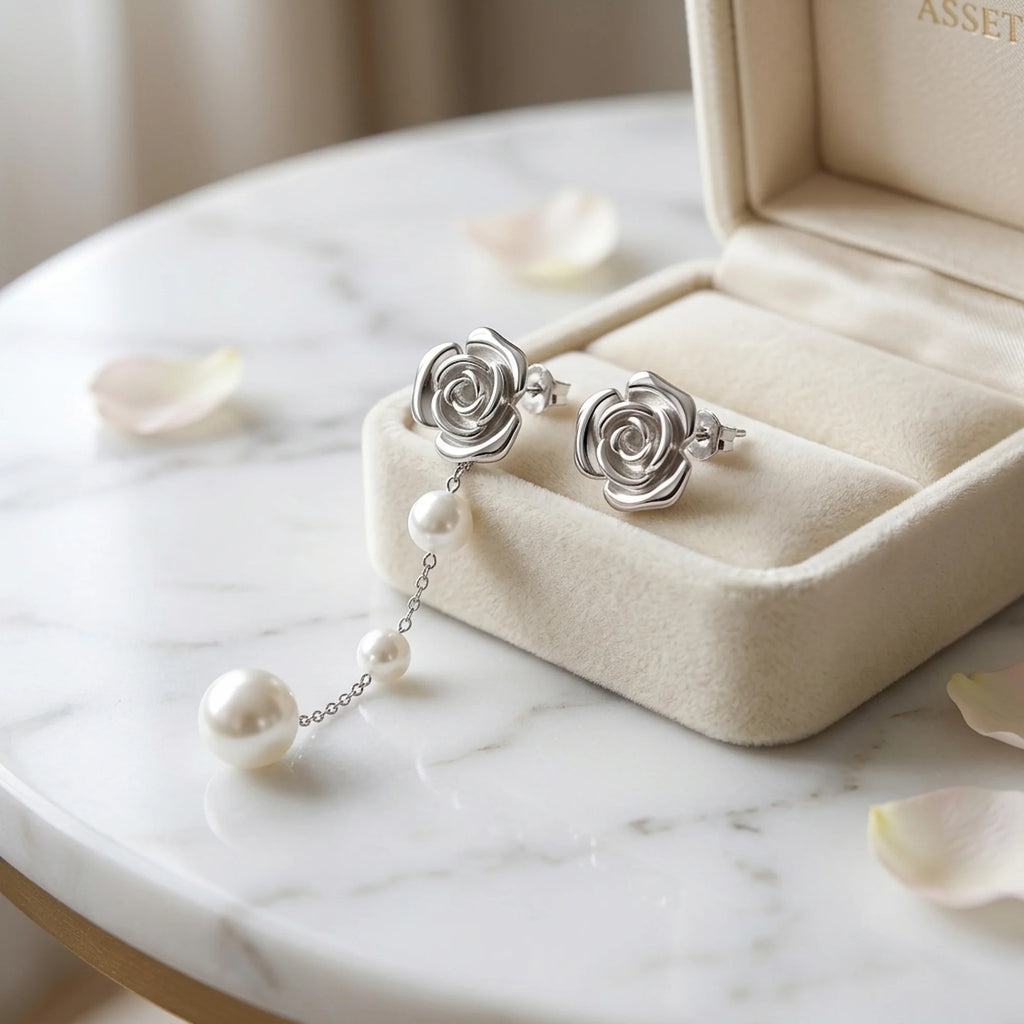 Pair of 925 sterling silver rose earrings with faux pearl jackets resting in a velvet gift box in Dubai.