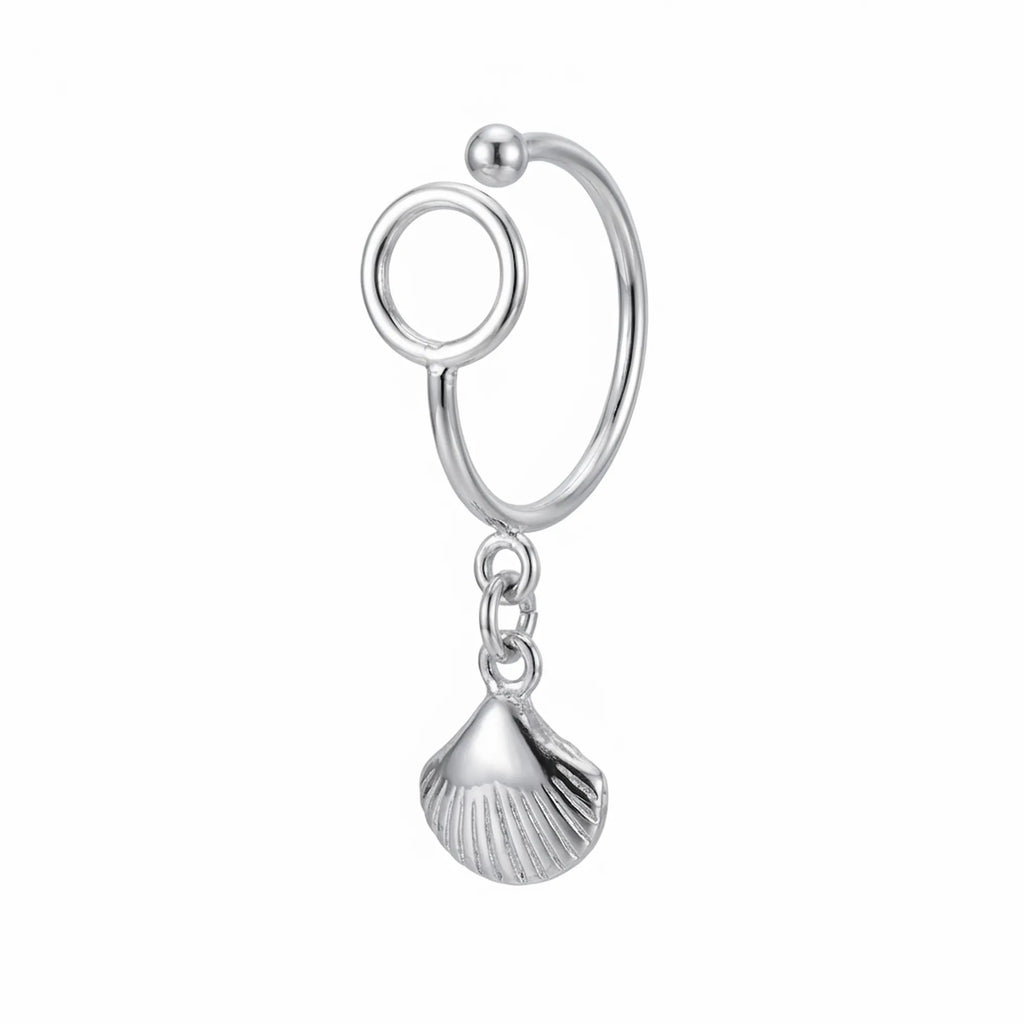 Luna Dura sterling silver ear cuff no piercing featuring a sleek wire design and a beautiful dangling shell charm on a white background.