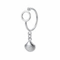 Luna Dura sterling silver ear cuff no piercing featuring a sleek wire design and a beautiful dangling shell charm on a white background.