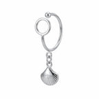 Luna Dura sterling silver ear cuff no piercing featuring a sleek wire design and a beautiful dangling shell charm on a white background.
