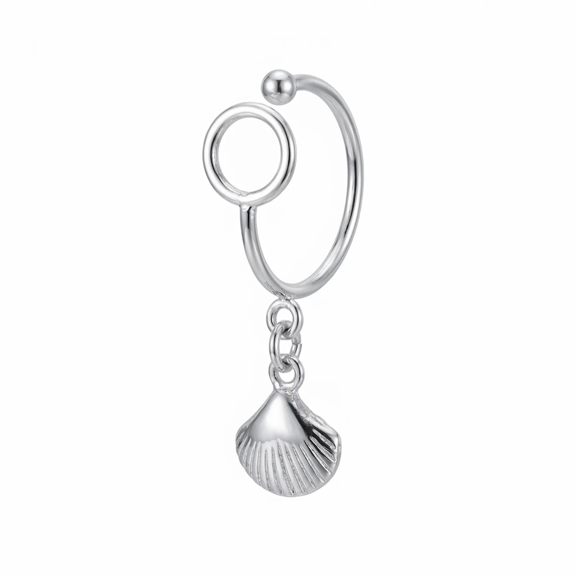 Luna Dura sterling silver ear cuff no piercing featuring a sleek wire design and a beautiful dangling shell charm on a white background.
