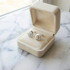 Shiva Eye shell silver stud earrings in a cream gift box, gift-ready from Luna Dura Dubai