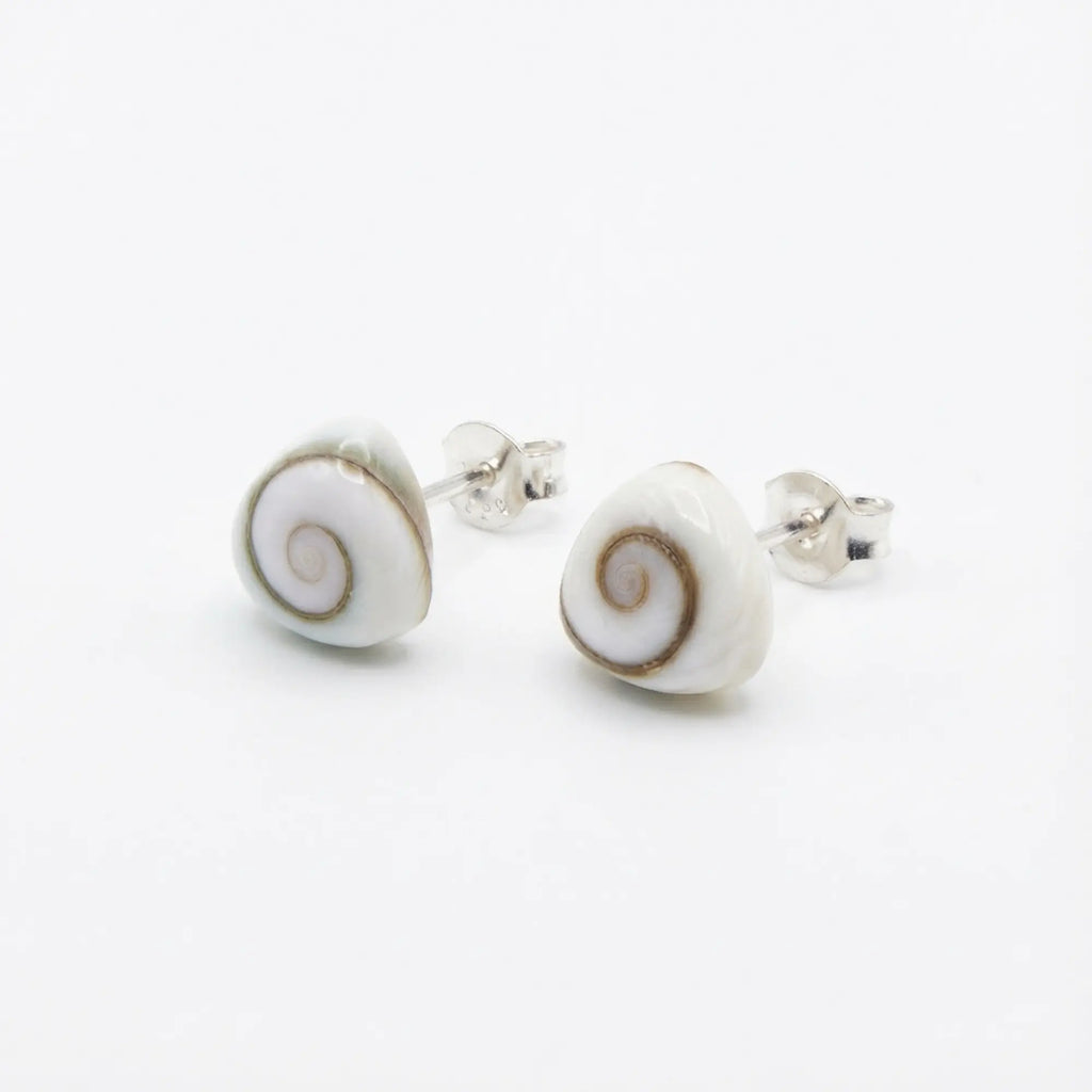 Shiva Eye shell stud earrings, natural white spiral shell in a 925 sterling silver bezel, Dubai