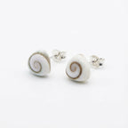 Shiva Eye shell stud earrings, natural white spiral shell in a 925 sterling silver bezel, Dubai