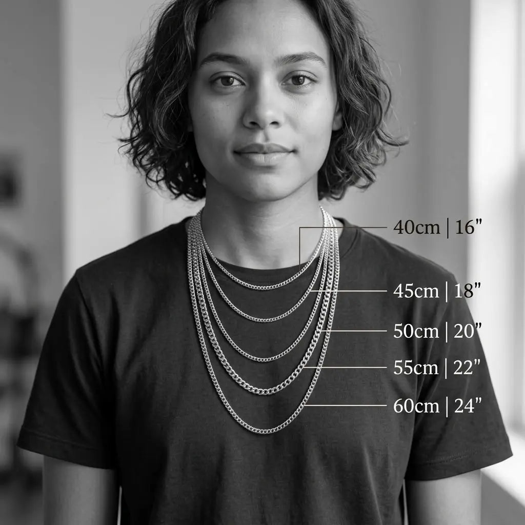 Silver necklace length guide illustrating different chain styles and lengths from 40 cm to 60 cm.