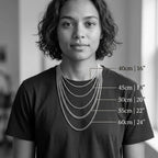 Silver necklace length guide illustrating different chain styles and lengths from 40 cm to 60 cm.