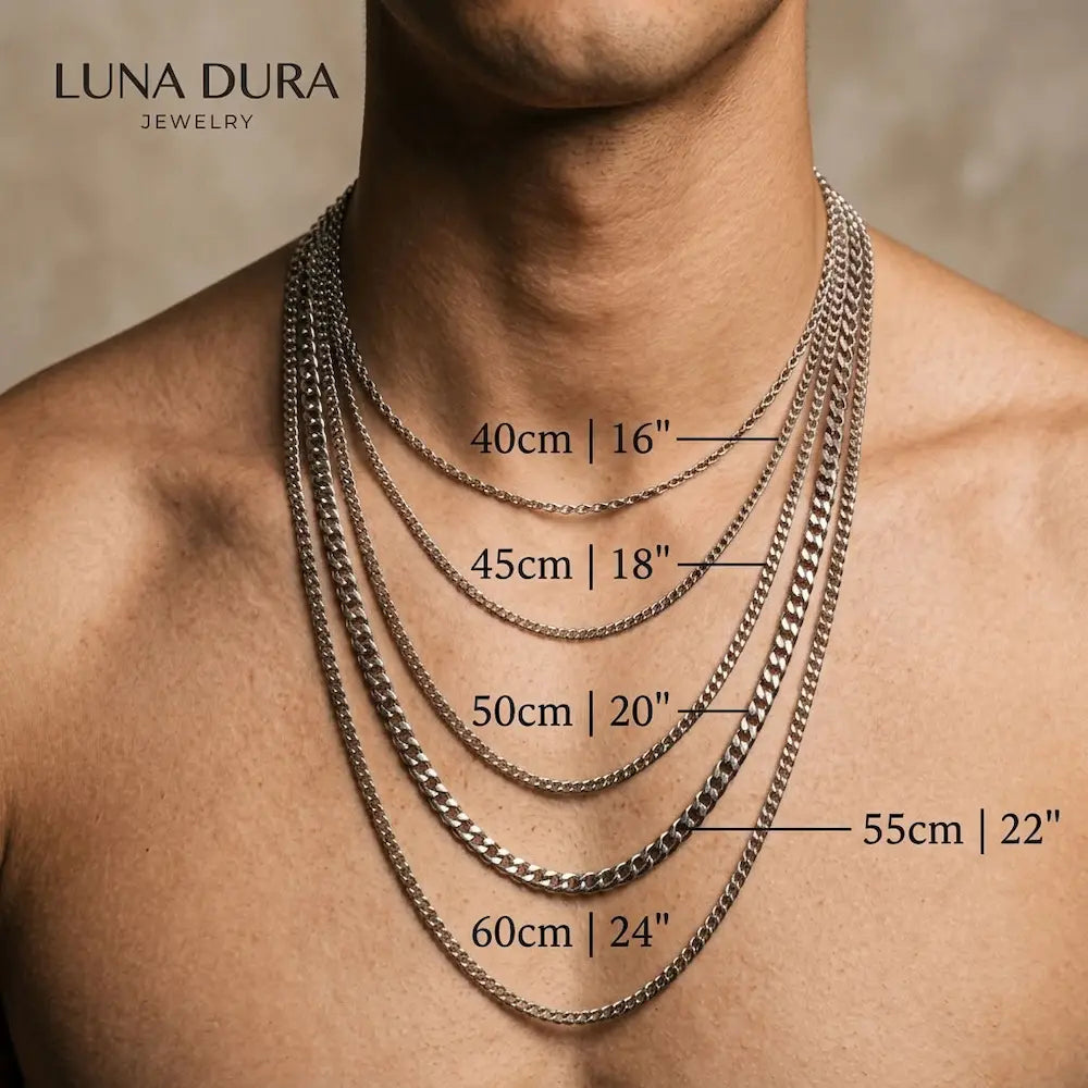 Necklace length comparison showing five chain styles from 40 cm to 60 cm.