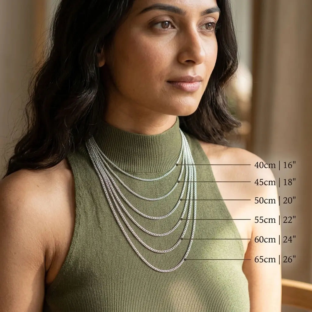 Necklace length comparison illustrating chain styles labelled from 40 cm to 65 cm on a model.