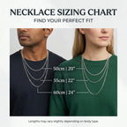 Necklace sizing chart illustrating 50 cm, 55 cm and 60 cm silver chain lengths on male and female models.