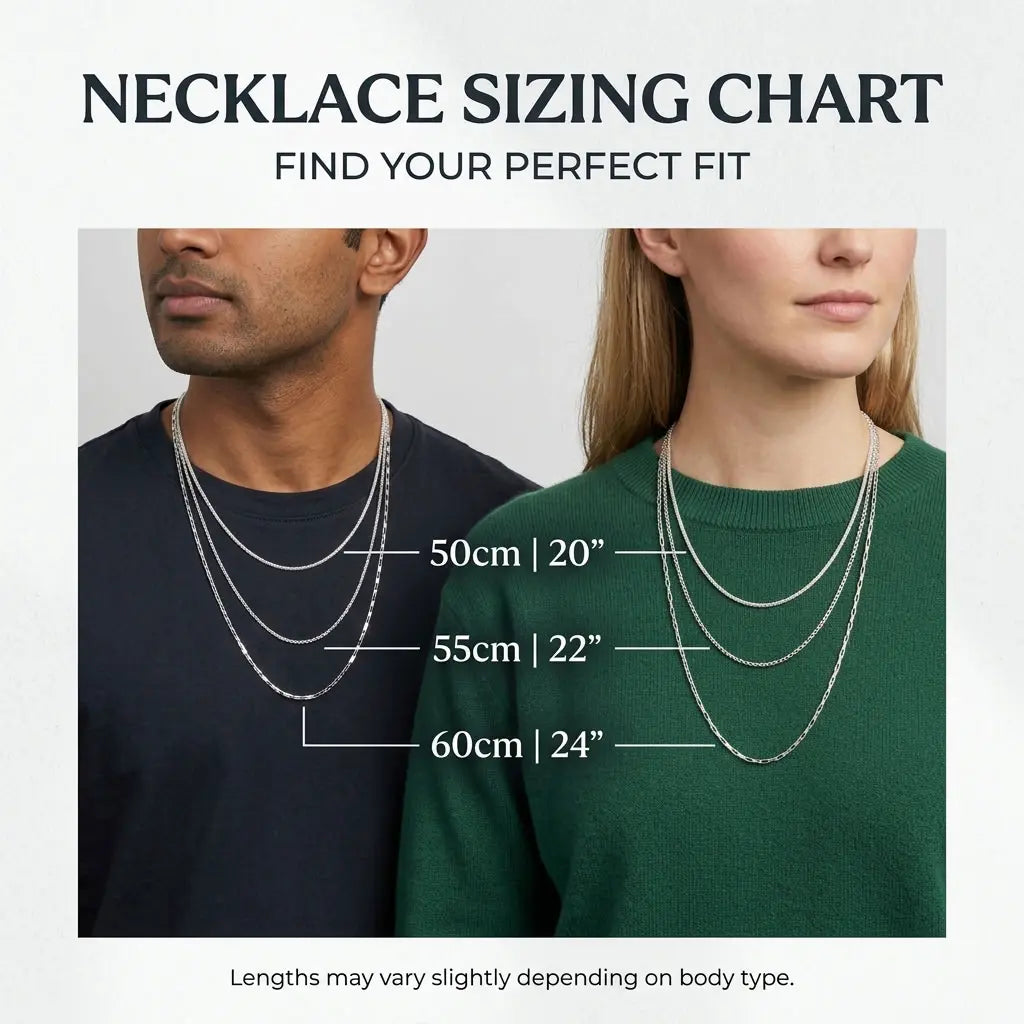Necklace sizing chart illustrating 50 cm, 55 cm and 60 cm silver chain lengths on male and female models.