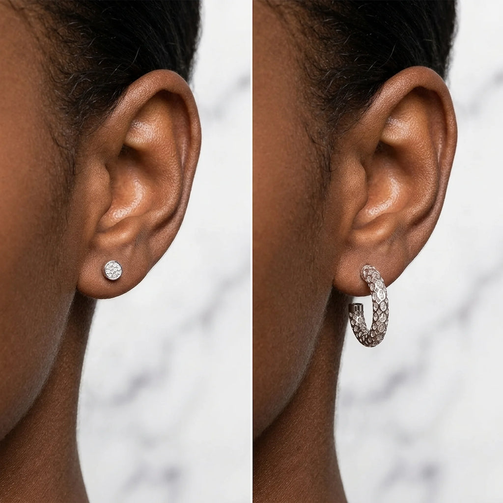 Woman wearing silver cubic zirconia convertible stud and lattice hoop earrings, offering day to night style in Dubai.