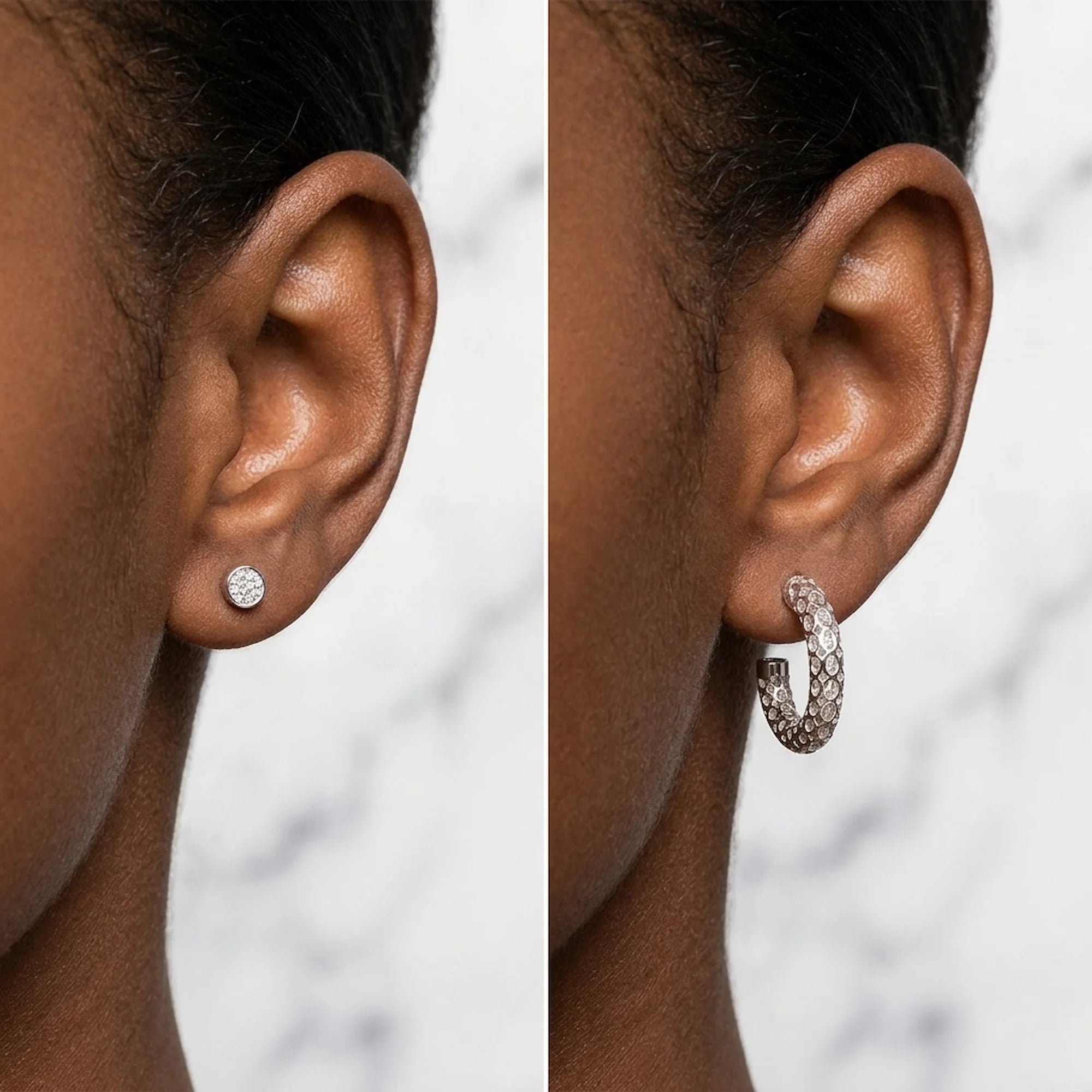 Woman wearing silver cubic zirconia convertible stud and lattice hoop earrings, offering day to night style in Dubai.