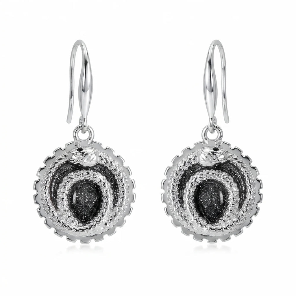 Front view of charcoal silver enamel ouroboros snake drop earrings in 925 sterling silver, handcrafted in Dubai.