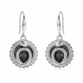 Front view of charcoal silver enamel ouroboros snake drop earrings in 925 sterling silver, handcrafted in Dubai.