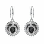 Front view of charcoal silver enamel ouroboros snake drop earrings in 925 sterling silver, handcrafted in Dubai.