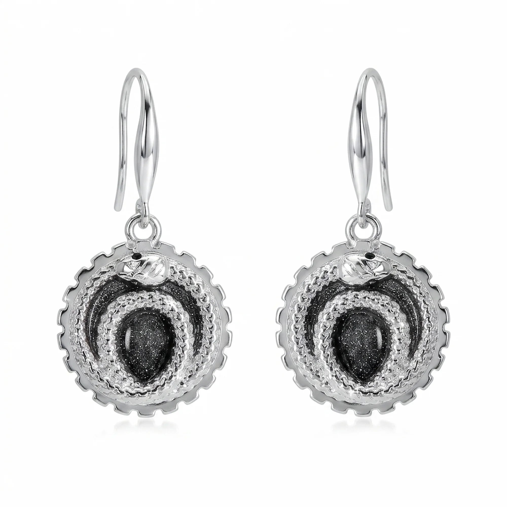 Front view of charcoal silver enamel ouroboros snake drop earrings in 925 sterling silver, handcrafted in Dubai.