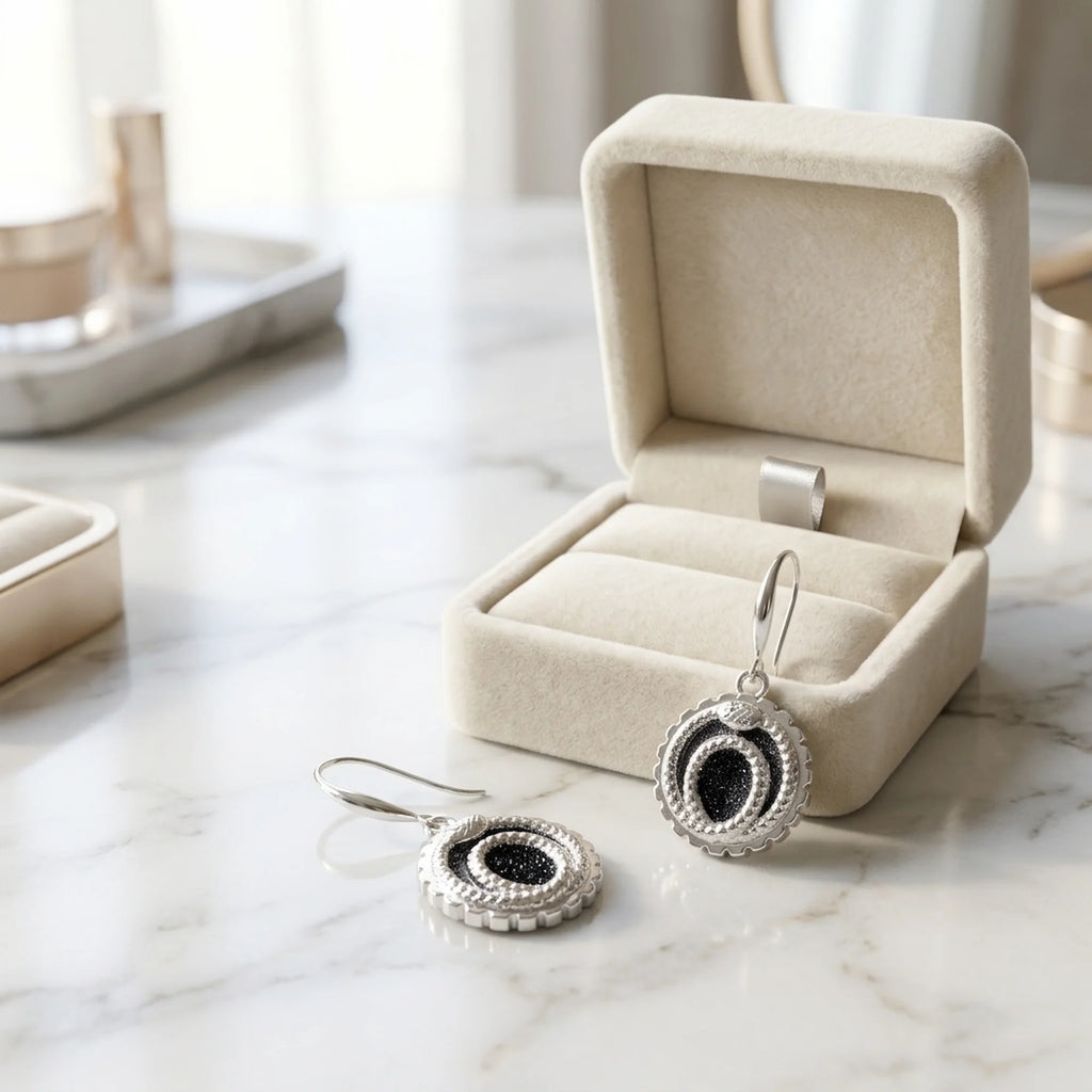 Charcoal silver enamel ouroboros snake drop earrings in 925 sterling silver displayed by a jewellery box in Dubai.