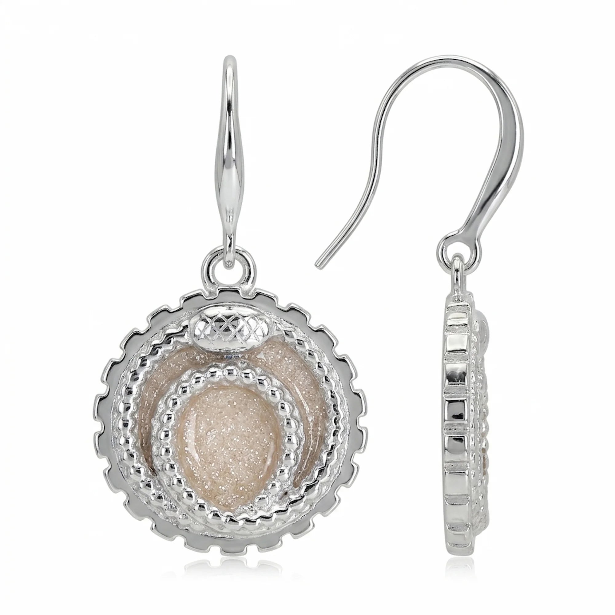 Front and angled view of ivory silver enamel ouroboros snake drop earrings in 925 sterling silver, crafted in Dubai.