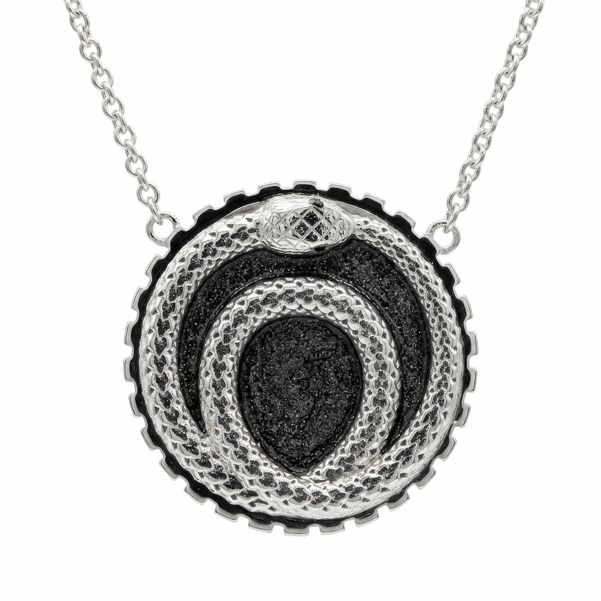 Silver enamel ouroboros snake necklace in 925 sterling silver with a black cubic-zirconia eye, handcrafted in Dubai.