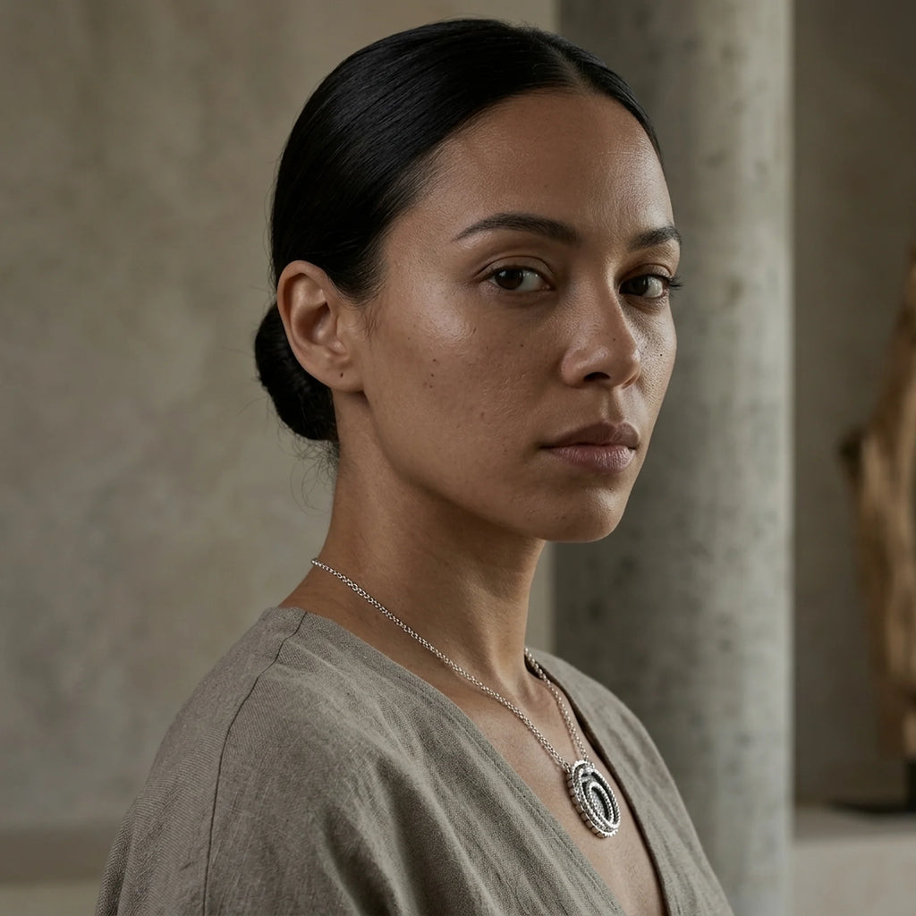 Woman wearing the charcoal silver enamel ouroboros snake necklace in 925 sterling silver, an everyday talisman in Dubai.