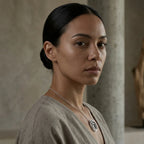 Woman wearing the charcoal silver enamel ouroboros snake necklace in 925 sterling silver, an everyday talisman in Dubai.