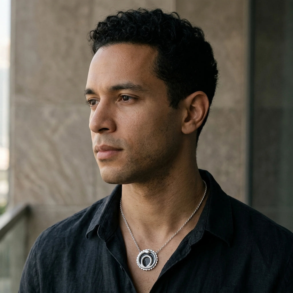 Man wearing the unisex silver enamel ouroboros snake necklace in nickel-free 925 sterling silver, styled in Dubai.