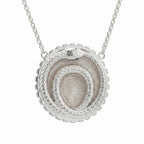 Front view of the light silver enamel ouroboros snake necklace in 925 sterling silver with a cog border in Dubai.