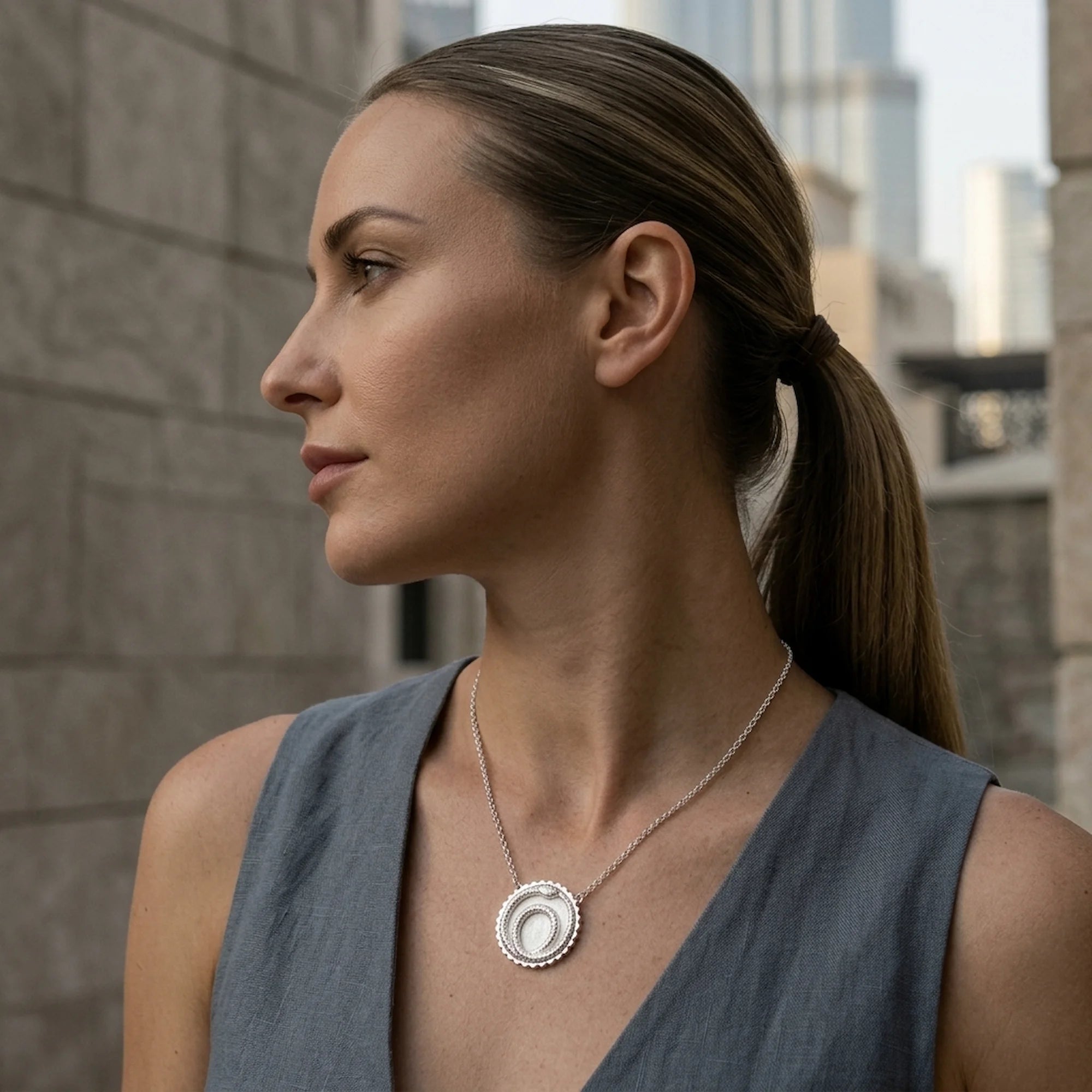 Woman wearing the ivory silver enamel ouroboros snake necklace in 925 sterling silver against an urban backdrop in Dubai.