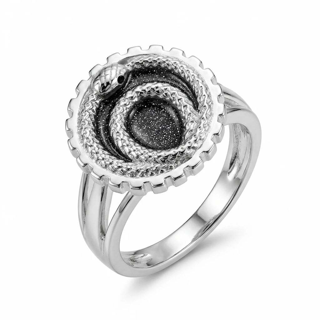 Charcoal silver enamel ouroboros snake signet ring in 925 sterling silver with a black cubic-zirconia eye, Dubai.